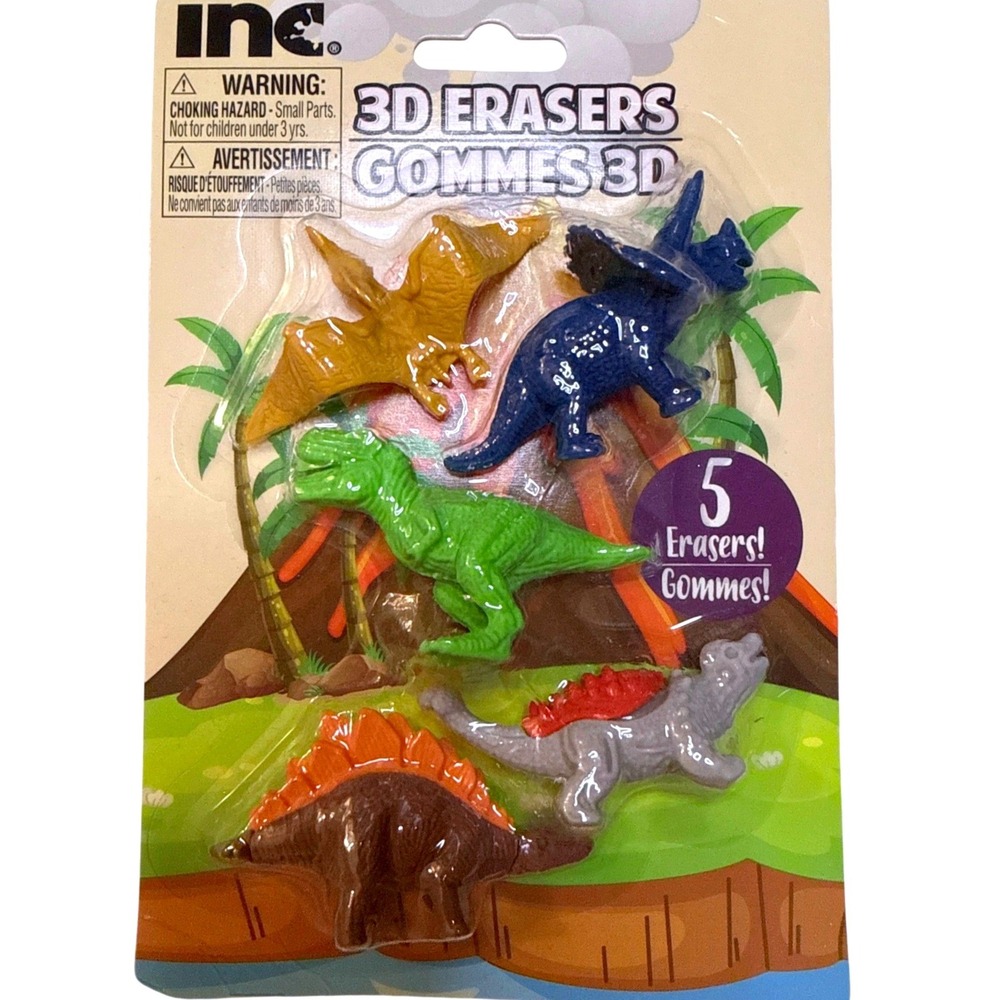 INC Peachtree Playthings 3D Dinosaur Erasers 5 Pack Latex-Free 21980 NEW